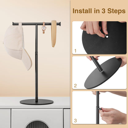 niffgaff T Bar Purse Display Stand Tabletop: Adjustable Height Handbag Holder, Countertop Hanging Rack for Long Necklace Scarf Lanyard, Black