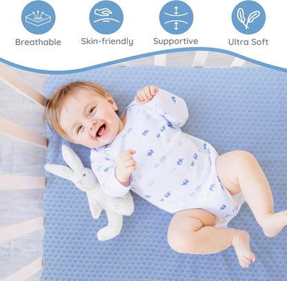 Skiennix Crib Mattress - Dual-Sided Memory Foam for Baby & Toddler | Soft, Breathable, 52" x 27.6" x 5.5", Machine Washable Cover, White & Blue