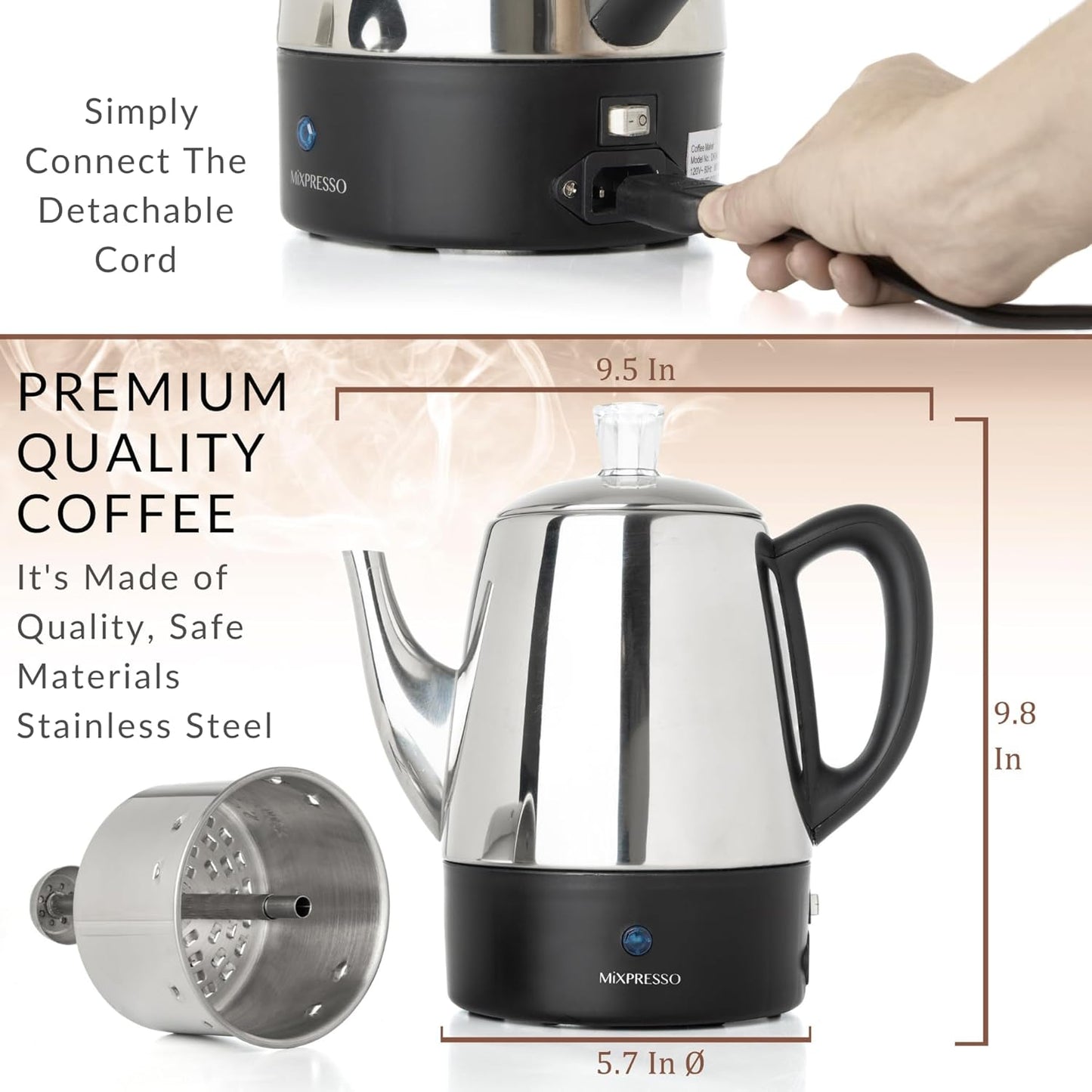 4 Mixpresso Small Electric Percolator Coffee Pot Cup Stainless Steel - Coffee Percolator Electric with Keep Warm