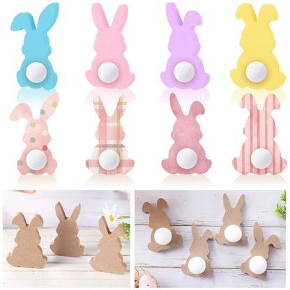 Menkxi 22 Pcs Easter Wooden Bunny Cutouts for Crafts Unfinished Easter Wood Cutouts Bunny Table Sign Rabbit Tabletop Decoration with 22 White Felt Balls Pom Ball 60 Adhesive Dots for DIY Craft Spring