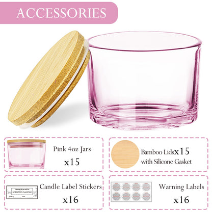 CONNOO 15 Pack 4 OZ Pink Glass Candle Jars with Airtight Bamboo Lids for Making Candles, Bulk Small Wide Mouth Empty Candle Containers with Sticky Warning Labels - Dishwasher Safe