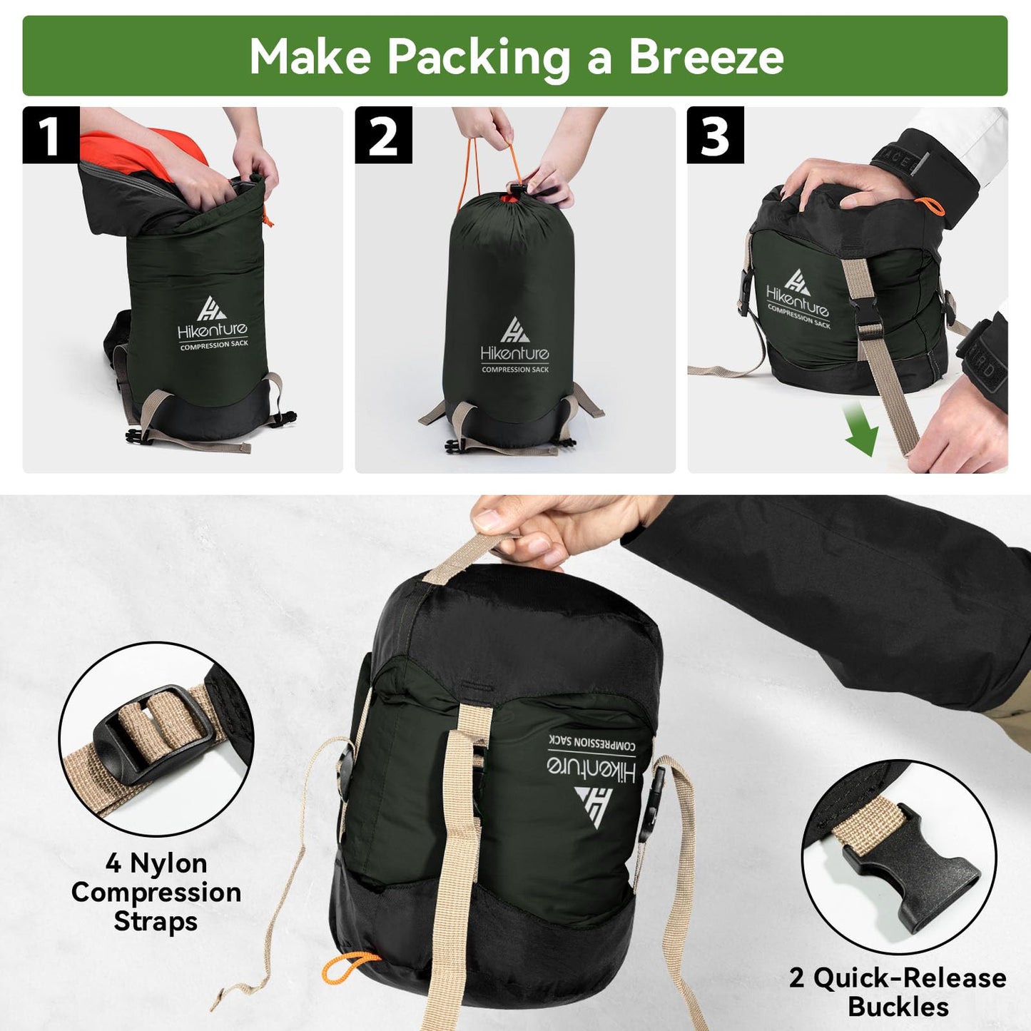 Hikenture Compression Sack for Sleeping Bag, Upgrade Anti-Tear Nylon Sleeping Bag Stuff Sack, 10L/14L/20L/30L Water-Resistant Compression Bag, Storage Bag (Dark Green, 14L)