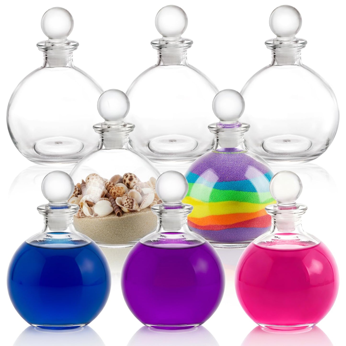 Acshio 8 Pack Spherical Glass Bottles, 8 Oz Round Bottle with Stopper, Glass Sphere Jar Reusable Refillable Bottles for Sand Costume Props DIY Crafts