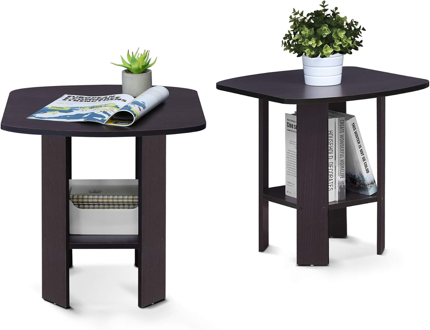Set 2, 2-Tier Furinno SIMPLE DESIGN Side Table of Modern End Table with Soft Edges, Open Shelves Night Stand, Bedside