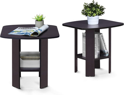 Set 2, 2-Tier Furinno SIMPLE DESIGN Side Table of Modern End Table with Soft Edges, Open Shelves Night Stand, Bedside