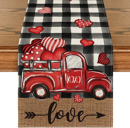 Artoid Mode Watercolor Buffalo Plaid Hearts Truck Love Valentine's Day Table Runner, 13 x 36 Inch Kitchen Dining Table