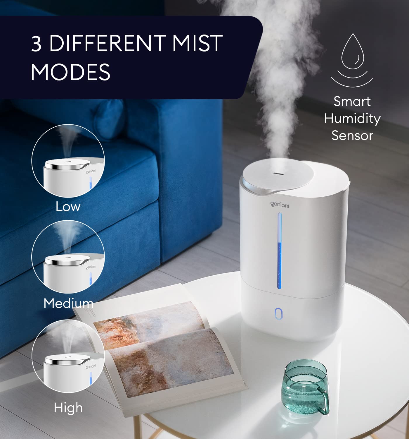 GENIANI Ultrasonic Cool Mist Humidifier for Bedroom, Large Rooms, Home, 4L - Easy Fill & Clean Humidifier for Plants w/Auto Shut-off, 40H Runtime - Quiet, Top Fill Air Humidifier