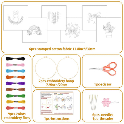 BEUNITONE Embroidery Kit with 6 Easy Patterns, Simple Cross Stitch Starter Set for Absolute Beginners, Cute Animal Rainbow Butterfly DIY Craft Activity