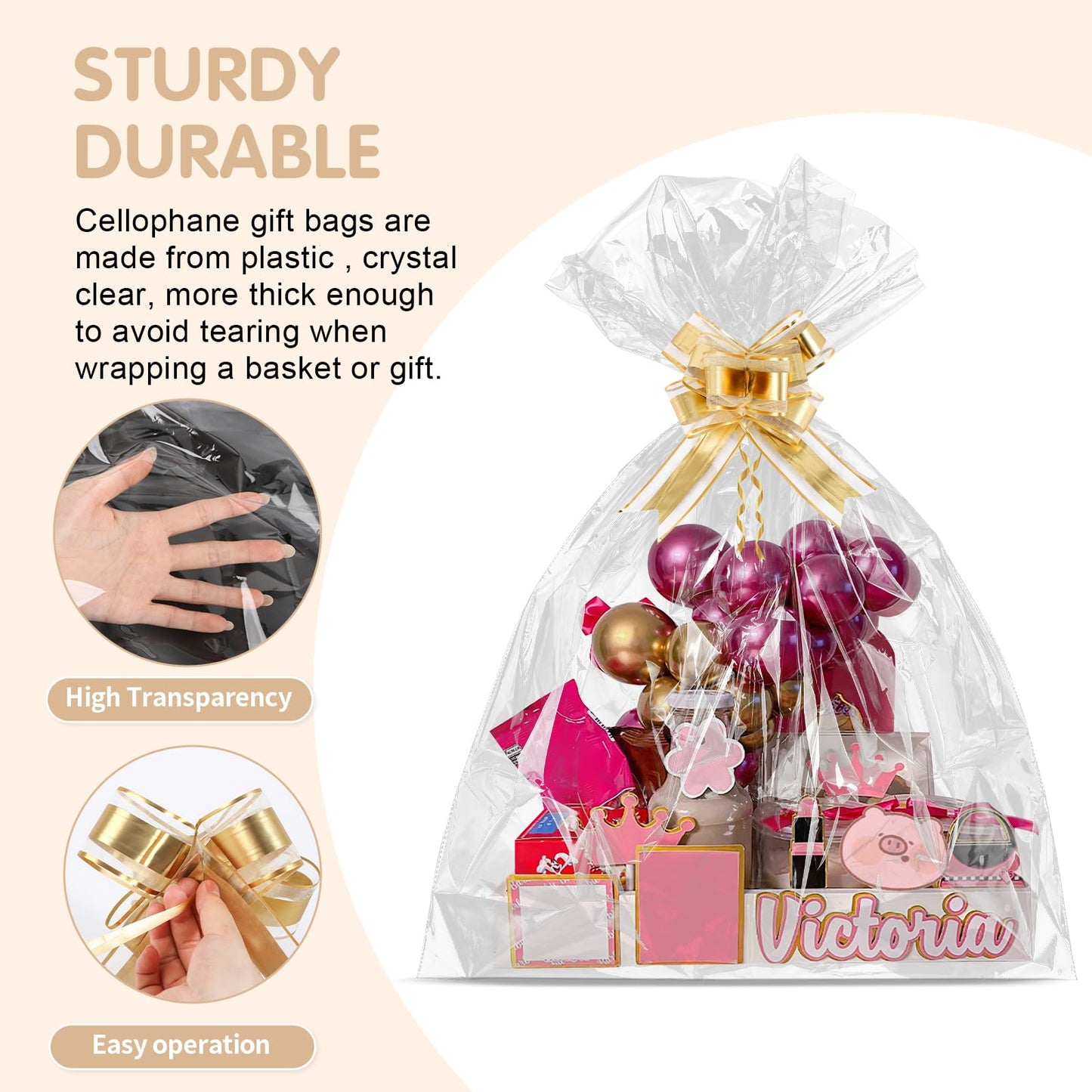 LEOSINDA 10 Pcs Extra Large Cellophane Bags 50x60 Inches for Gift Baskets, Clear Gift Basket Wrap with 10 Gold Ribbons, Food-Safe Plastic Packaging for Valentine's Day,Christmas,Weddings,Auctions