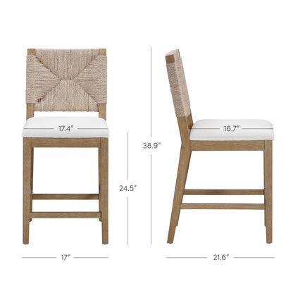 Nathan James Beacon Bohemian Boucle Bar Stool, Upholstered Counter Height Chair with Solid Wood Frame and Woven Seagrass Back for Kitchen Island, Light Brown/Seagrass/Cream Boucle
