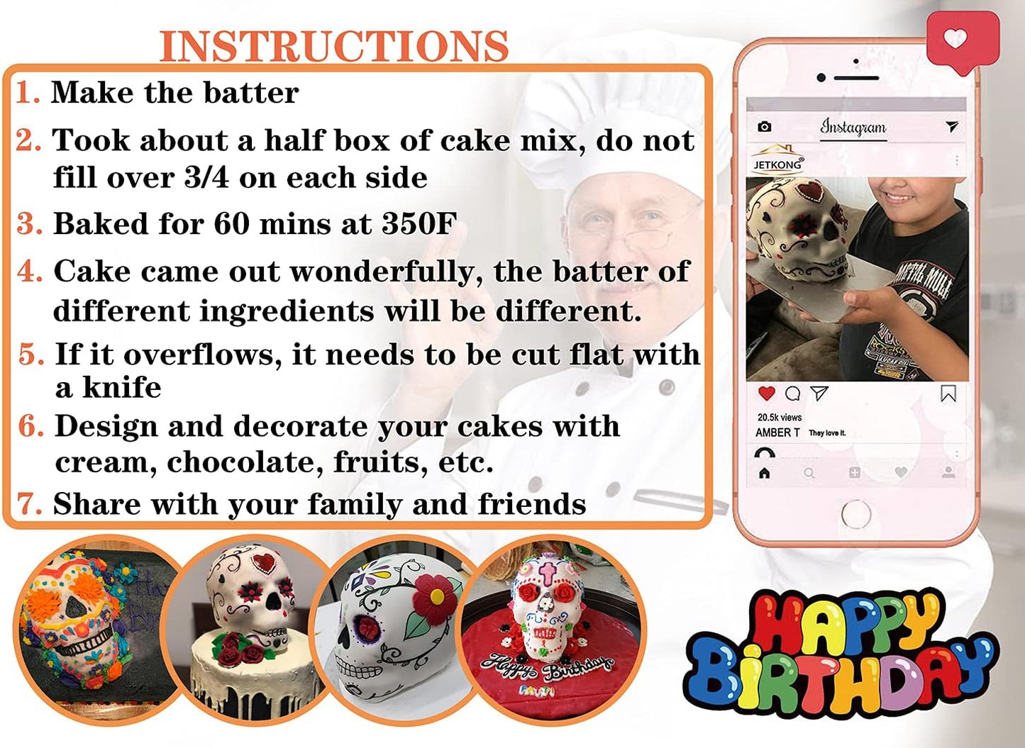 JETKONG Extra Large Silicone Skull Cake Mold, Haunted Skull Baking Cake Pan for Halloween and Birthday Party