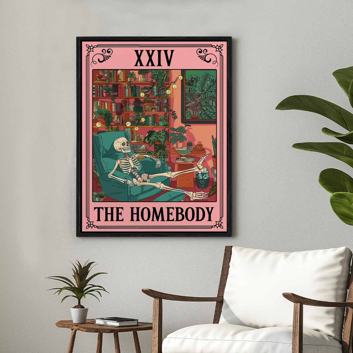 Spooky Framed Canvas Wall Art the Homebody Tarot Card Poster Print Wall Decor Sarcastic Skeleton Painting for Home Office Living Room Bedroom Decoration 11.5x15 Inches