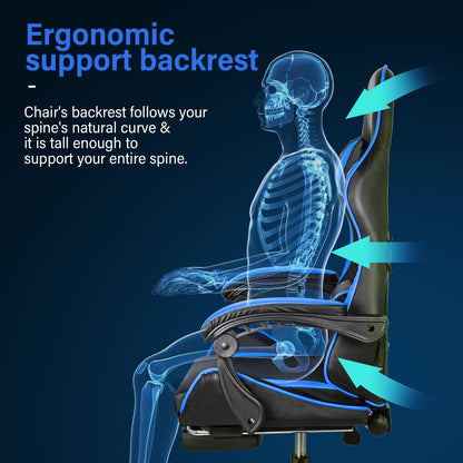 Gaming Chair, Backrest and Seat Height Adjustable Swivel Recliner Racing Office Computer Ergonomic Video Game Chair with Footrest and Lumbar Support, Black/Blue