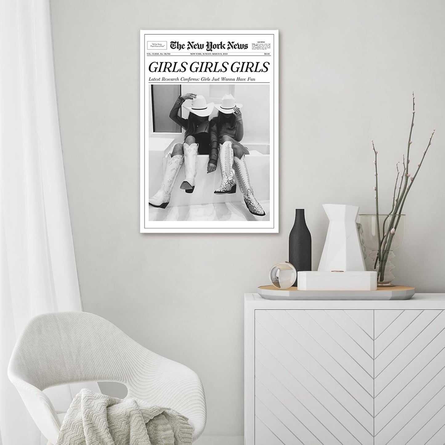 FBKDVC 16x24in Trendy Coastal Cowgirl Newspaper Wall Art Print Poster Black Canvas Wall Art Prints Girls Just Wanna