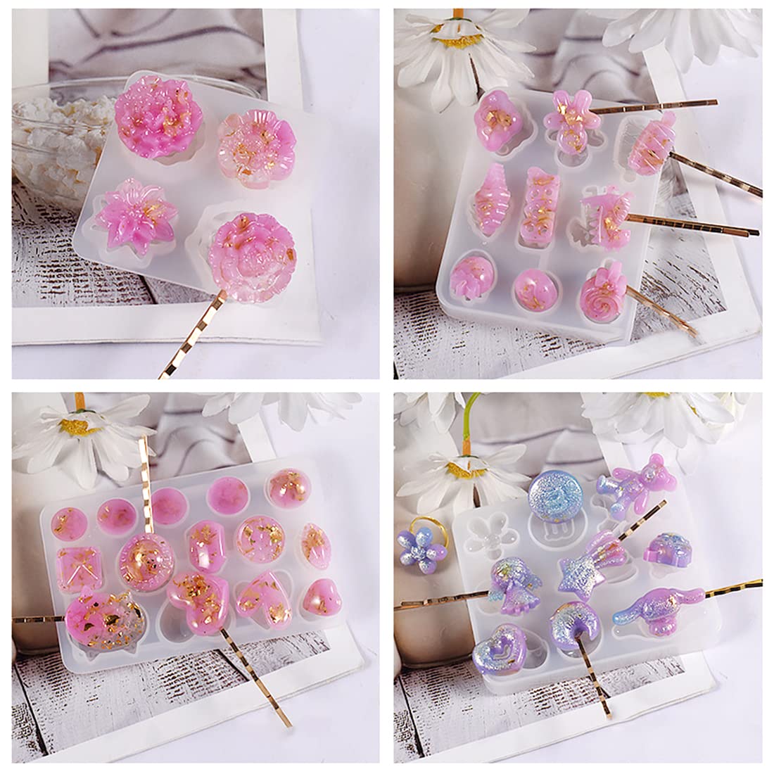 Voyyphixa 8PCS Resin Hair Clip Molds with 20 Golden Hair Pins Accessories Hair Barrettes Silicone Molds for Epoxy Resin Jewelry Resin Casting Molds for DIY Bookmark, Pendant Charm Decoration