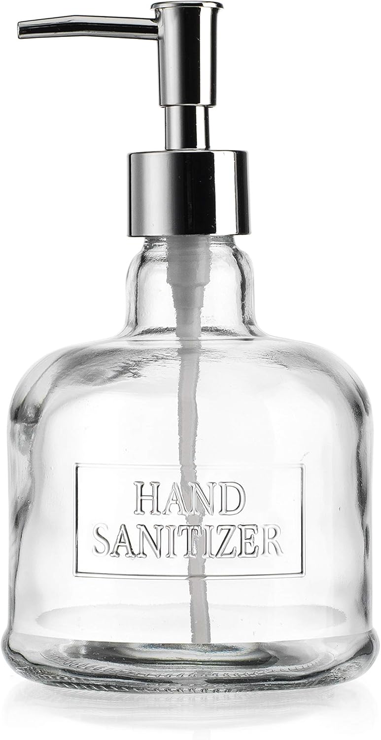 Elegant Home 18 Oz 7" Clear Embossed Glass Hand Sanitizer Dispenser Holder Bottle - Refillable Acrylic Pump for Soap,