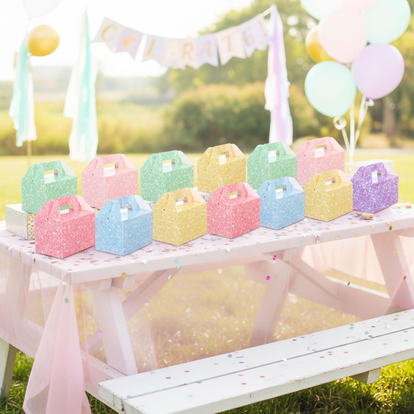 AmazingSpark 24 Pack Pastel Gable Treat Boxes Glitter Macaron Party Favor Gift Boxes for Candy Cookie Toy Party Supply for Birthday Weddings Baby Shower Holiday Christmas 5.9 x 3.5 x 3.5 Inches