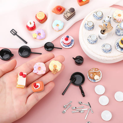 62 Pcs 1:12 Scale Miniature Dollhouse Kitchen Accessories Miniature Tea Cup Pots Resin Cake Set Include 16 Mini Plates Knife Fork Spoon 6 Egg Beater Utensil 10 Mini Stovetop Cookware 15 Pretend Food