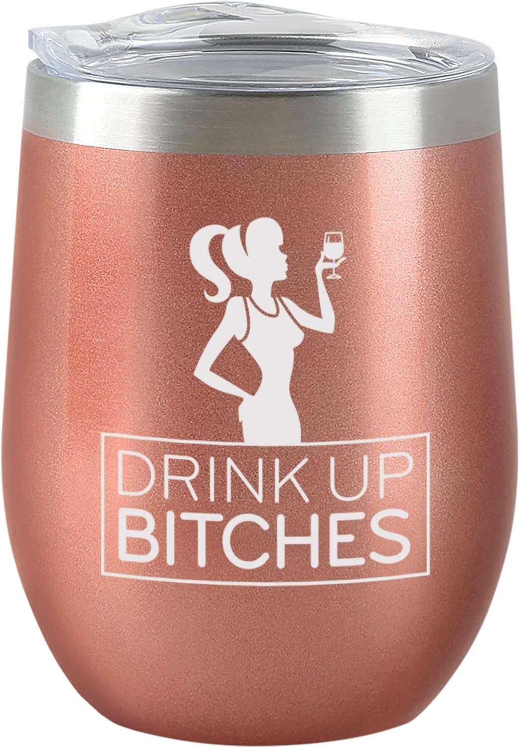 Chris's Stuff 12 oz Wine Tumbler, Iced Coffee Mug with Splash-Proof Lid, Stainless Steel Rose Gold