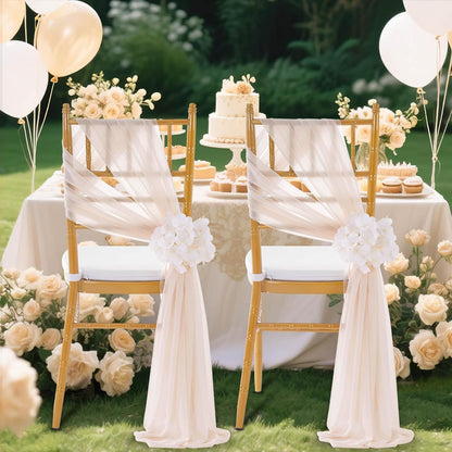 16 Pack SoarDream Champagne Wedding Chair Sashes, Sheer Tulle with Artificial Hydrangea Accents for Ceremony, Reception