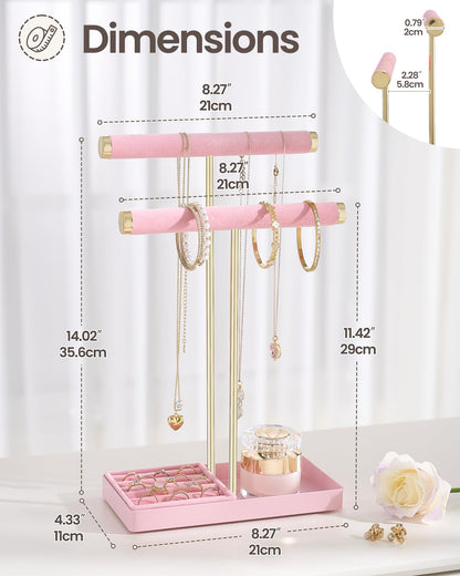 Lolalet 2-Tier Necklace Holder Display, Velvet Wrapped Jewelry Organizer with Removable Ring Tray, Tall Bracelet Stand for Bangles Watches Earrings, Gifts for Mom Girls Women Mother's Day -Pink