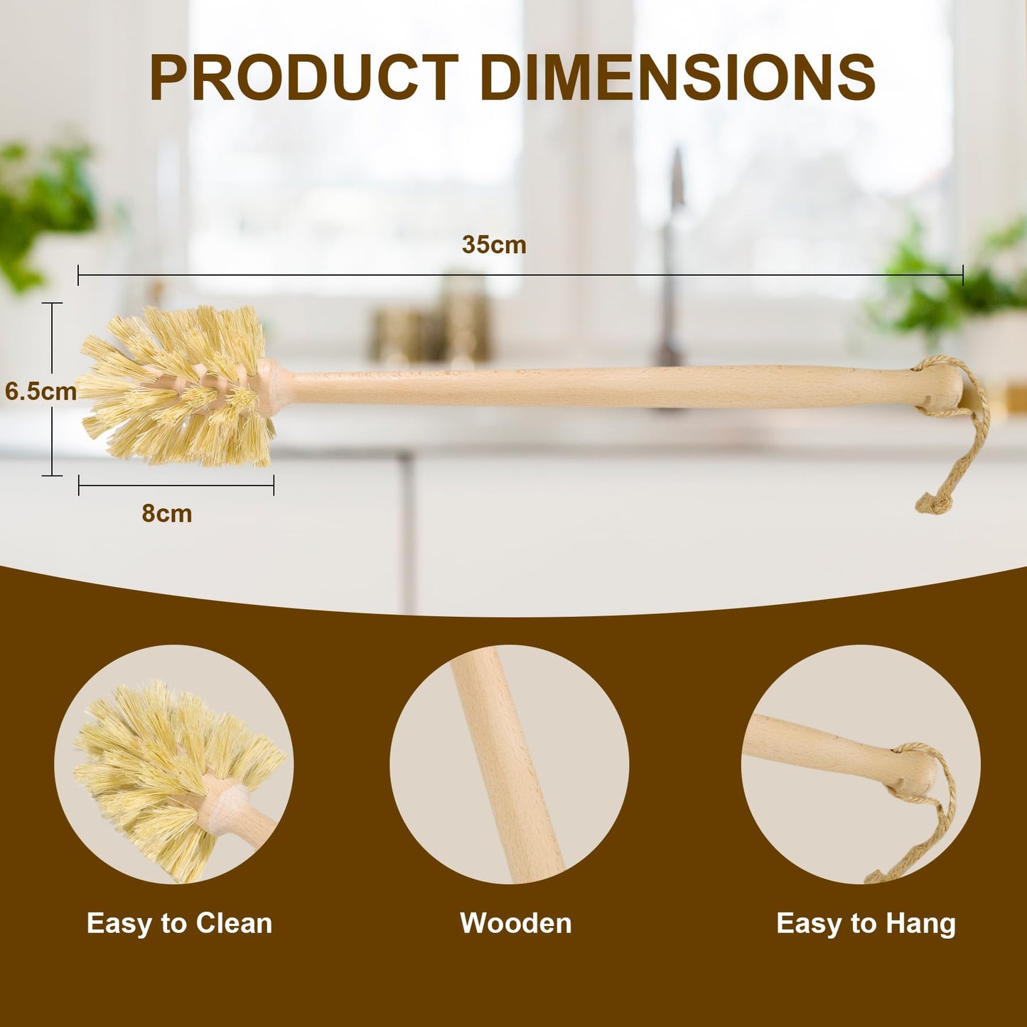 DEBETOOL 2-Pack Natural Wooden Bottle Brush with Sisal Bristles, Long Handle Bottle Brush Cleaner for Wide Mouth Jars, Water Bottles, Cups, Glasses, Baby Bottles (Non-Scratch)