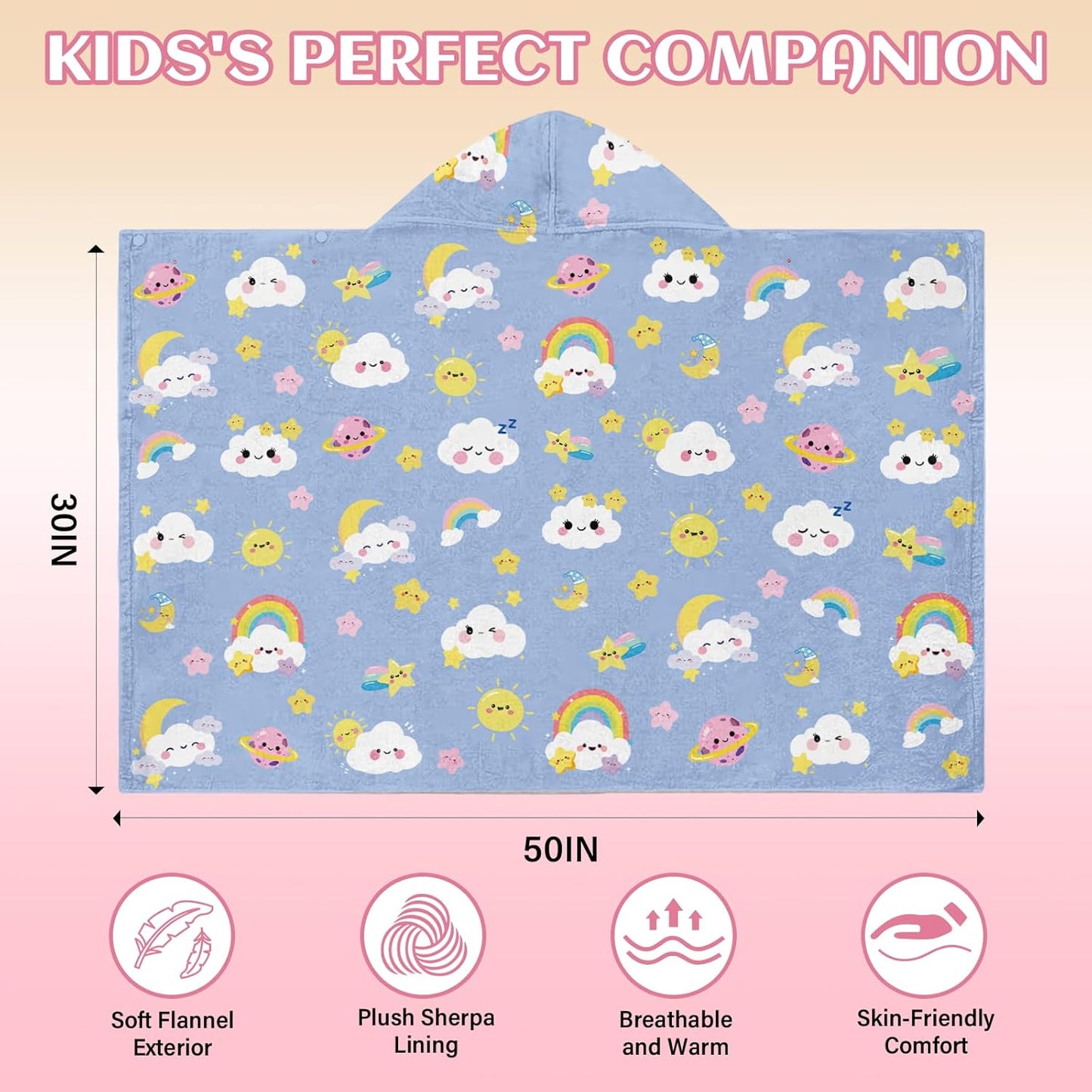 JOPJOLIW 30" 50", Cozy Clouds Hooded Beach Towel for Kids, Blue Sky Hooded Towels for Toddlers X Moon Clouds Stars Warm