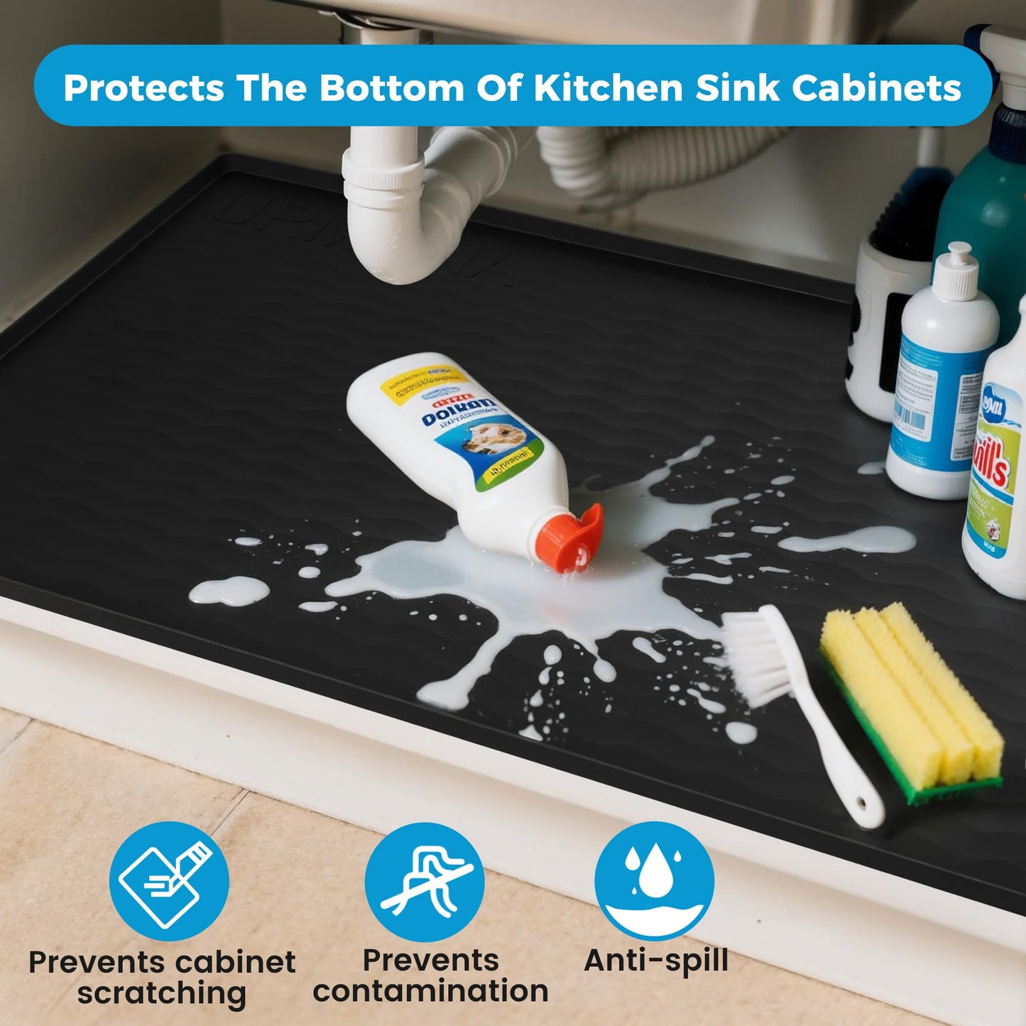 URMONA 22'' x 19'' Waterproof Silicone Under Sink Mat Cabinet and Counter Protector, Shelf Liner for Kitchen and Bathroom, Storage and Organizers, Litter Mat, Pet Cat Puppy Essentials（Black）