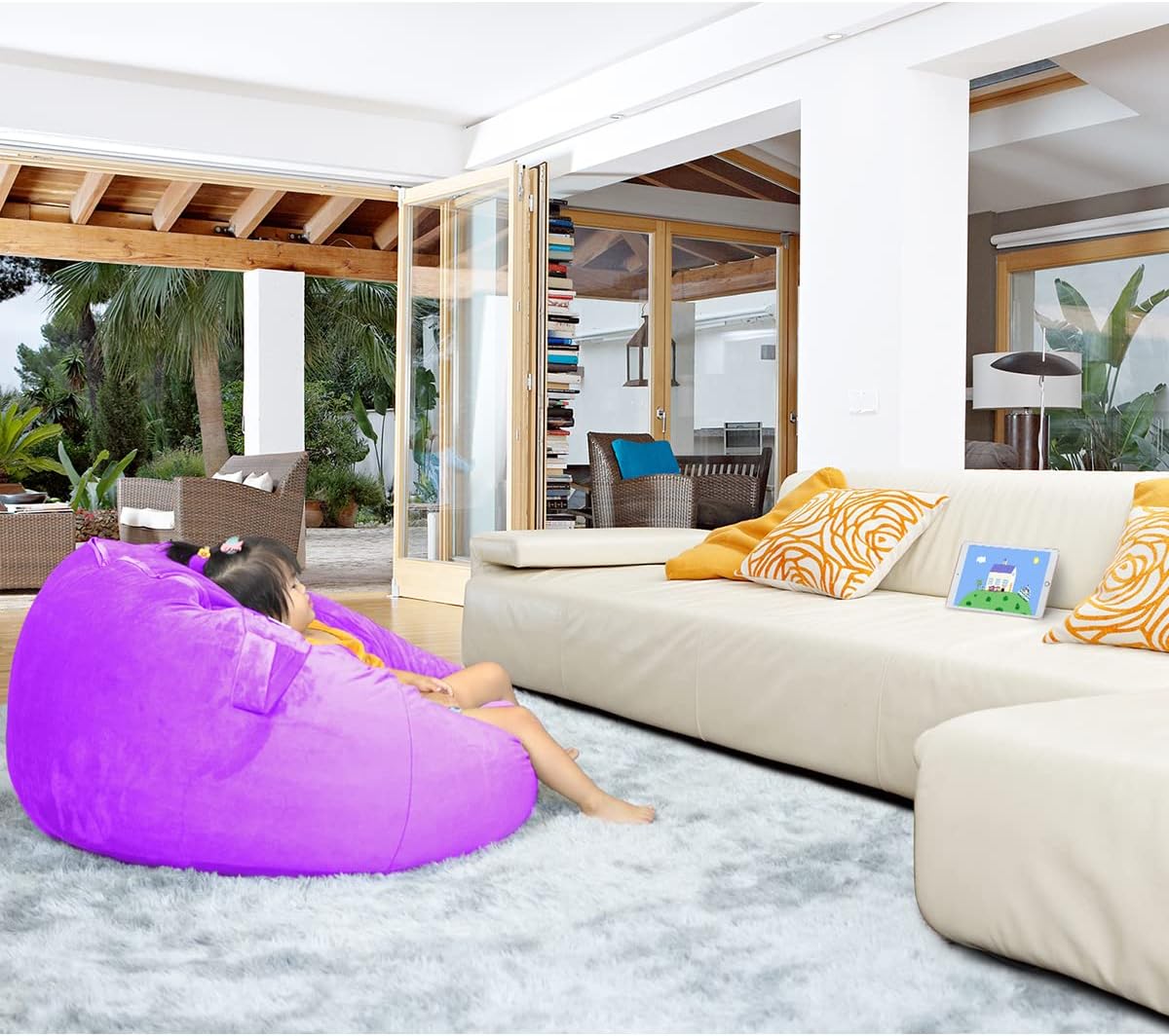 Bean Bag Chair Cover - Stuffed Animal Storage, Plush Toys Organizer, X-Large Round Purple with Handle and Zipper