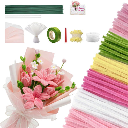 600 PCS Pipe Cleaners Craft, 6 Colors Pipe Cleaner Bulk Flower Kit, Chenille Stems Bulk with Floral Wires, Gardening Tape, Stamen, Wrapping Paper & Ribbon, DIY Art and Craft Supplies - Pink Gradient