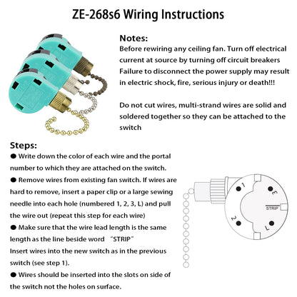 Akahttbn Ceiling Fan Switch ZE-268S6 3 Speed 4 Wire Bronze Zing Ear For Ceiling Light Fans Lamps and Wall Lights Pull Chain Switch Replacement On-Off with Pull Chain,1 Pack