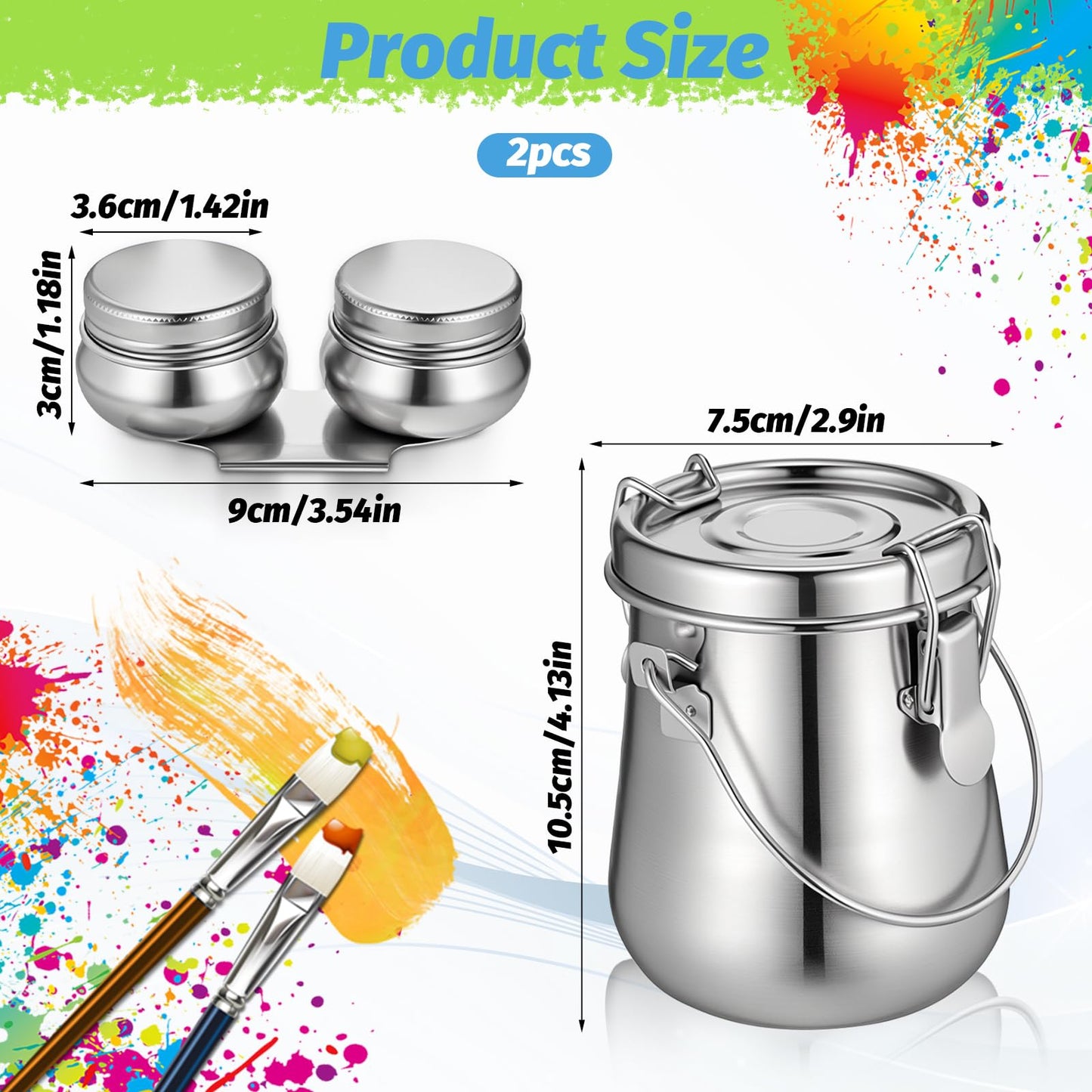 MySHUCE 2 Pcs Paint Brush Cleaner, Airtight Stainless Steel Brush Holder for Painting Double Dipper Palette Cup Paint Brushes Portable Washer Holder for Oil Cleaner Kits(20oz/Medium)