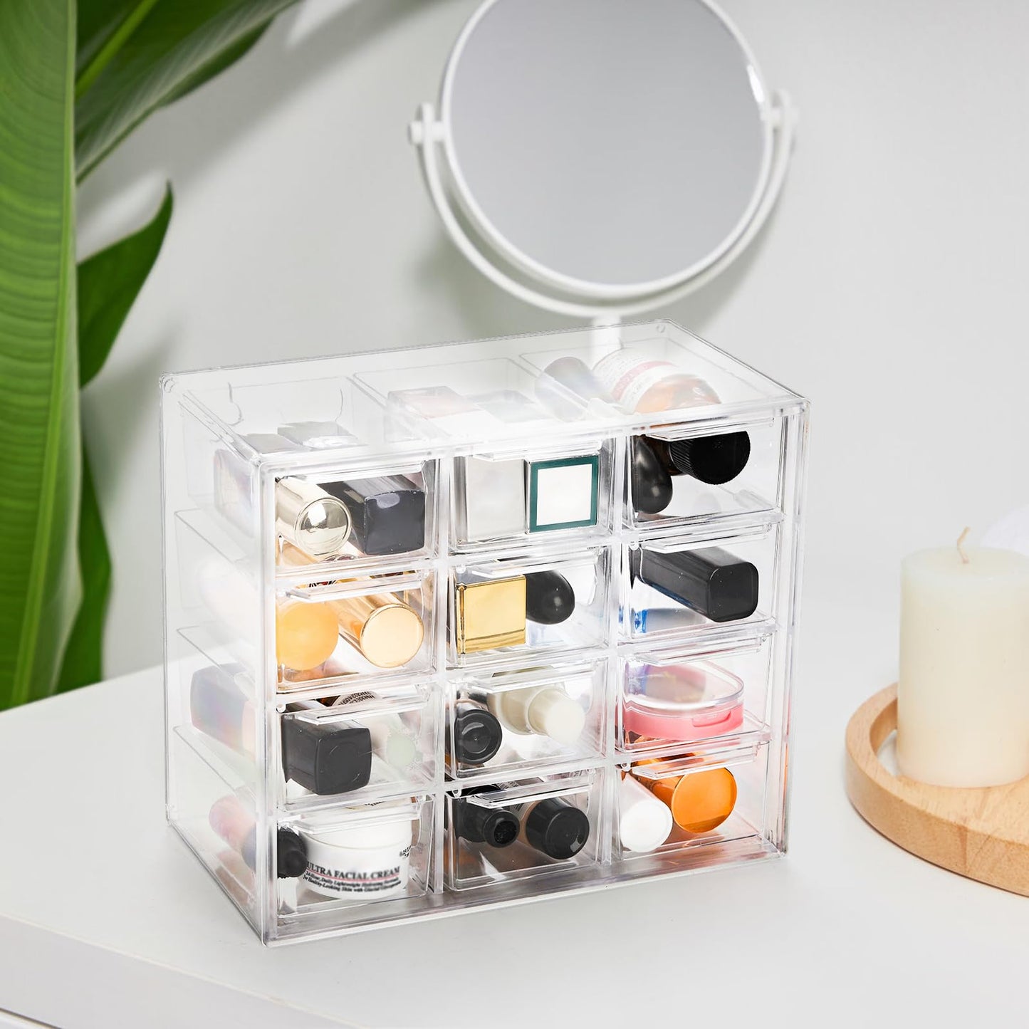 YOUEON 2 Pack Mini Desk Organizer with 12 Removable Drawers, Clear Plastic Desktop Drawer Organizer, Desk Craft Storage Box for DIY Crafts, Art Supply, Office, Cosmetic, Jewelry