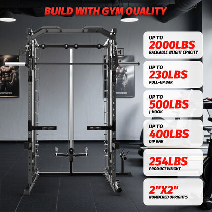 Garvee Power Cage, Smith Machine Squat Rack, Heavy Duty Power Rack for Home Gym with Pulley System, Dip Bar, LAT Pulldown, Multifunctional Squat Rack for Home Gym
