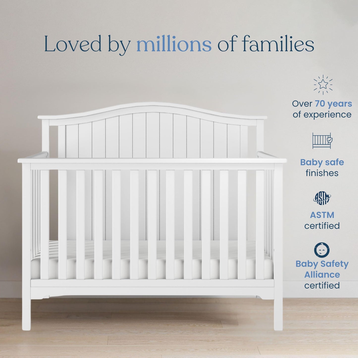 Child Craft Hampton Arch 4-in-1 Convertible Crib, Baby Crib Converts to Day Bed, Toddler Bed and Full Size Bed, 3 Adjustable Mattress Positions, Non-Toxic, Baby Safe Finish (Matte White)