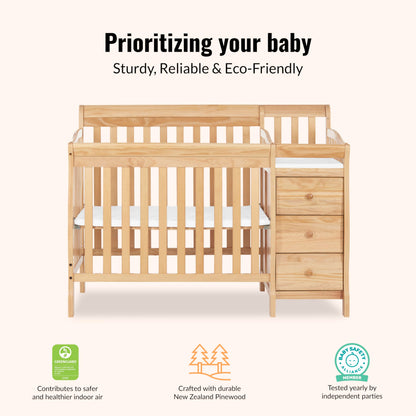 Dream On Me Jayden 4‑in‑1 Mini Convertible Baby Crib & Changer with Storage in Natural, Pinewood, GreenGuard Gold & BSA, 1” Mattress Pad, 3 Mattress Heights, Converts to Mini Day & Twin-Size Bed