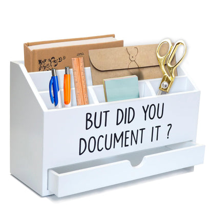 EXQUIDECA Wooden White Rustic Countertop Mail Storage Holder with Drawer and Compartments - Office Desk Accessories and Workspace Organizers - Desktop Sorter for Pen Stationery Letter Files Documents