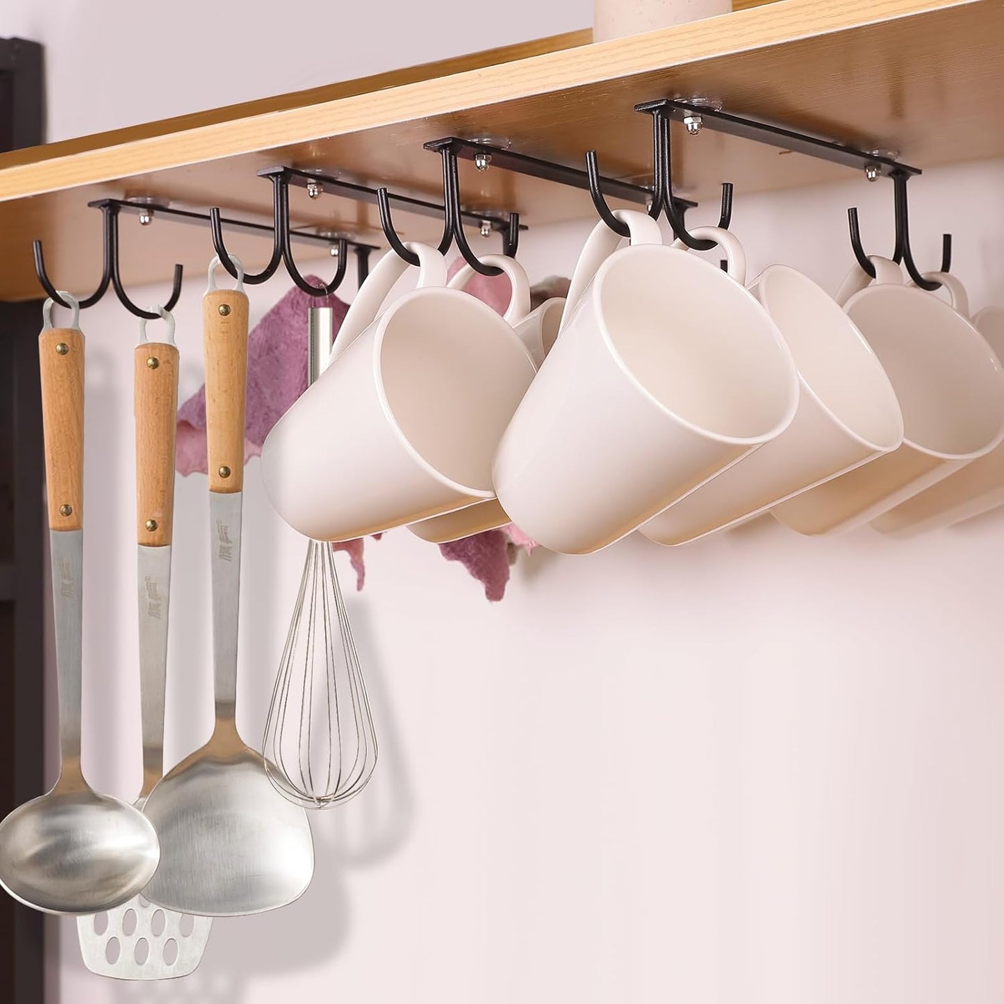 Under Cabinet Mug Hooks, 3 Pieces Mug Holder Rack with 12 Hooks, Display Hanging Storage for Mugs/Coffee Cups, Black