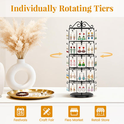 EsLuker.ly Earring Holder Organizer Rotating Display Tree Stand, Adjustable Height Earring Card Hanger Rack with 50 Hooks for Vendors Market Selling, 5 Tier Metal Jewelry Storage Tower, Black