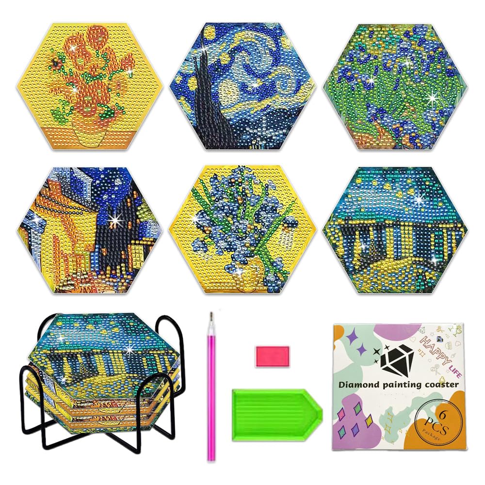 NUFTVI Van Gogh Diamond Painting Coasters Kit with Holder, 5D Full Crystal Diamond Art Coasters Kit for Adults. 6 PCS