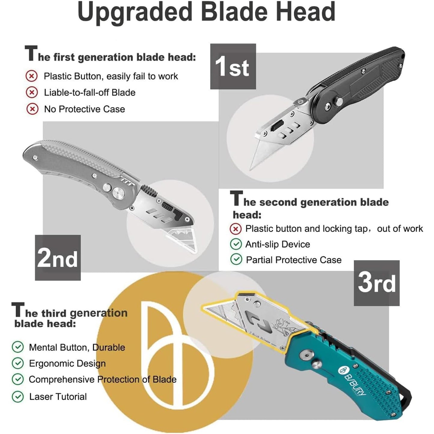 BIBURY Utility Knife, Heavy Duty Folding Box Cutter, Pocket Carpet Cutter Knife with 10 Extra SK5 Stainless Steel Blades, Easy Release Button, Belt Clip, Quick Change and Safety Lock-Green