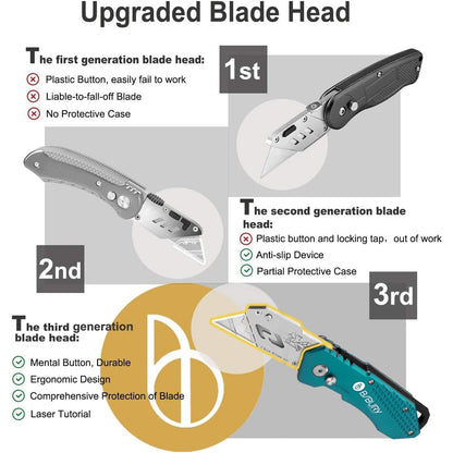 BIBURY Utility Knife, Heavy Duty Folding Box Cutter, Pocket Carpet Cutter Knife with 10 Extra SK5 Stainless Steel Blades, Easy Release Button, Belt Clip, Quick Change and Safety Lock-Green