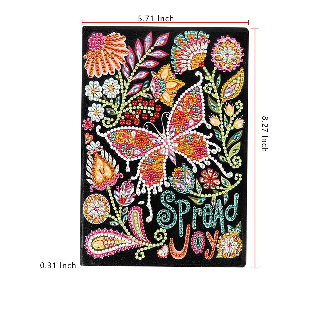 5D Diamond Art Painting Notebook Kits Spread Joy Butterfly Cover Leather DIY Special Shaped Journal Sketchbook Cross Stitch Diamond Art Hardcover Dairy Book Festival Birthday Gift 8.27x5.71IN