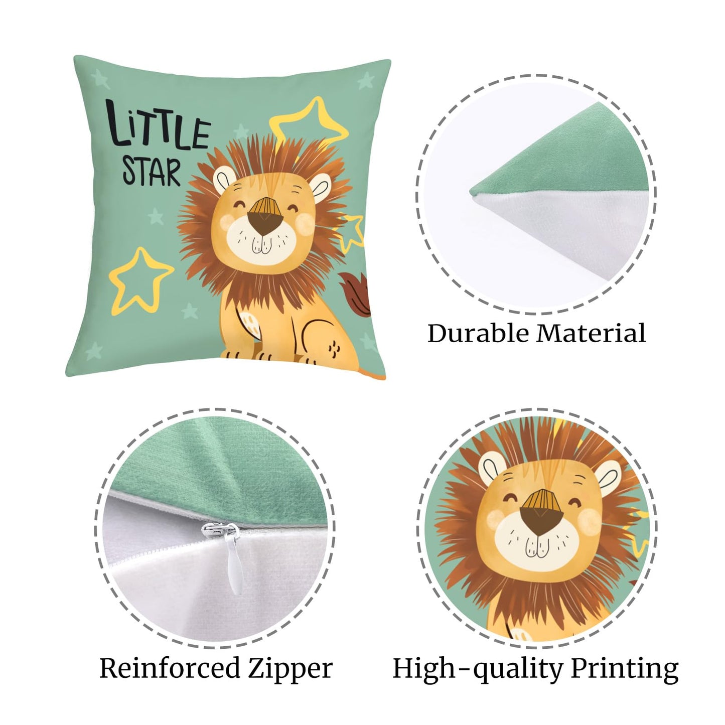 Joymaison Cartoon Animals Throw Pillow Covers 18x18 Inch Set of 4 Baby Elephant Giraffe Lion Monkey Cushion Pillow Case Nursery Home Decor for Kids Toddlers Teens