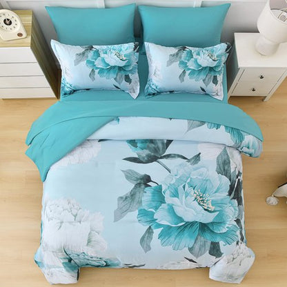 Dobuyly Floral Comforter Set Queen Size 7 Piece Bed in a Bag, Aqua Flowers Printed on Light Blue Comforter Set with Sheets, Soft Polyester Botanical Complete Bedding Set for All Season