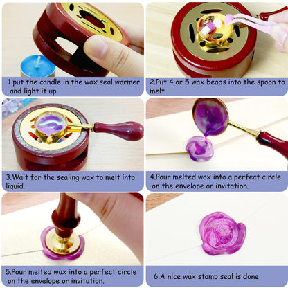 Wax Seal Kit, 24 Colors Sealing Beads, 2 Pcs Stamp,Sealing Wax Warmer, Metallic Pen, Envelope,Dried Flower,Candles for Wedding Birthday Gift and DIY Craft
