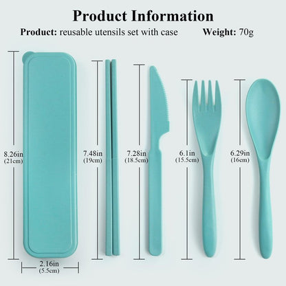 DISSKNIC Reusable Travel Utensils with Case, Green Utensil Sets for Lunch Box, Chopsticks Reusable Plastic Utensils Lunch Box Accessories for Adults,Portable Utensils Set with Case,Camping Accessories