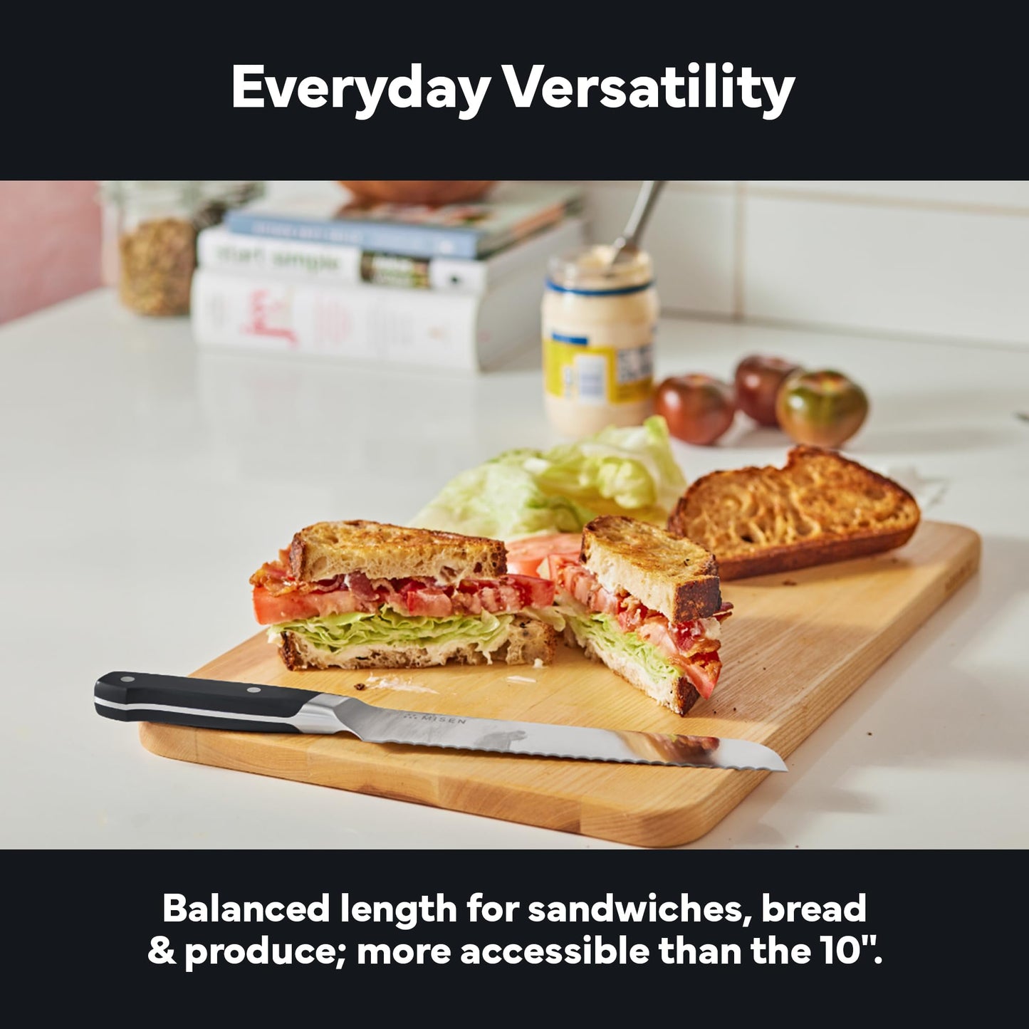 Misen Serrated Bread Knife - High-Carbon Japanese AUS8 Steel - Perfect for Soft Foods, Bread, Pastries, and Fruits - Verstatile Slicer, Razor-Sharp Edge, Durable Blade, Ergonomic Handle - 8", Black