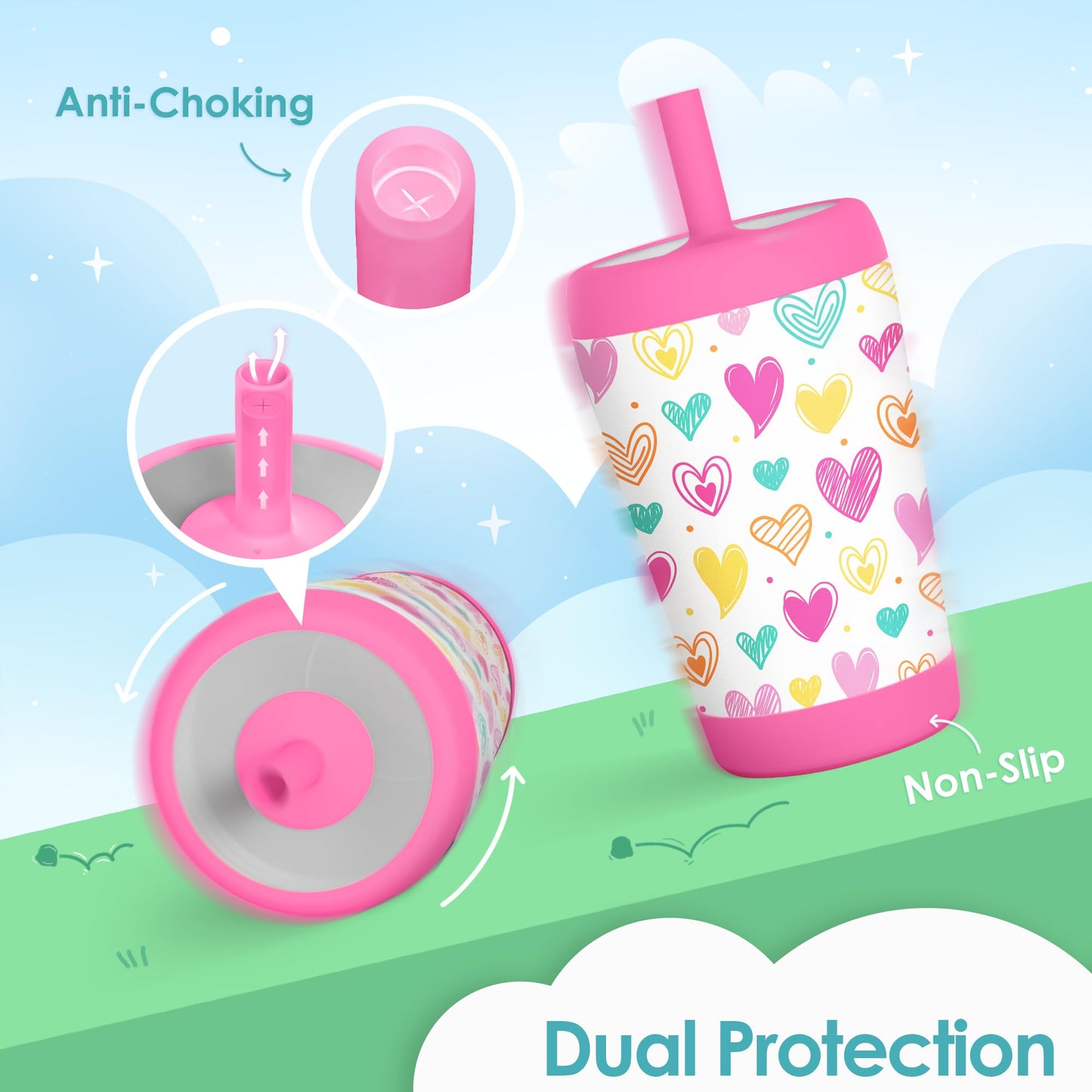 SANDJEST Kid Insulated Stainless Steel Tumbler with Silicone Straw, 12oz Sippy Cup for Kids (Playful Hearts)