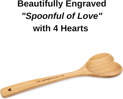 Heart Shaped Bamboo Spoon - Engraved Wooden Serving Mixing Spoon, Vintage Country Kitchen Utensil by PRIZE HOME